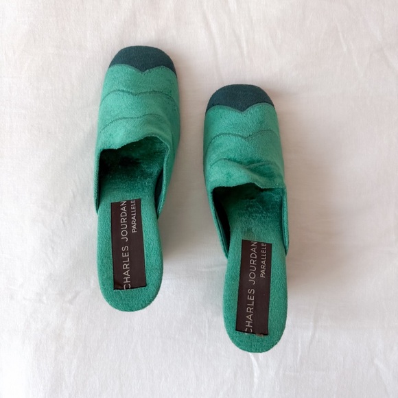 1970s Charles Jourdan Wedge Mules Green Velvet Rare Guy Bourdin Heels - Picture 10 of 14